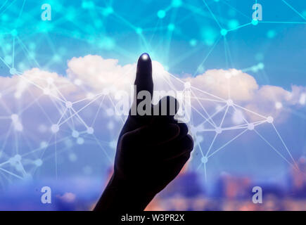 hand touching Futuristic Sci-Fi Technology Circular HUD Background Illustration. Worldwide Digital technology advancement Stock Photo
