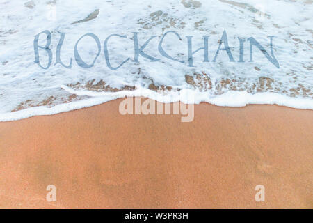 Concept of bitcoin on waves on the beach side . ups and downs in cryptocurrency  . trending  advertisement banner Stock Photo
