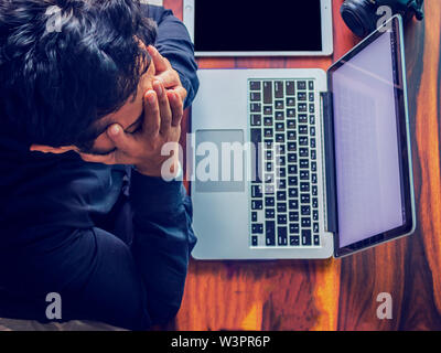 confused and frustrated man with data science background. confused man with all technical knowhow, Plexus Network Background Stock Photo