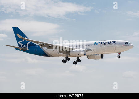 C-GTSN Airbus A330-243-0369 on July 11, 2019, landing on the Paris Roissy  tracks at the end of the Air Transat TS388 flight from Toronto Stock Photo