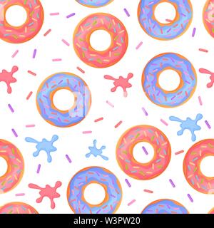Sweet colorful baked glazed donuts or doughnuts Seamless pattern with sprinkles and splashes Stock Vector