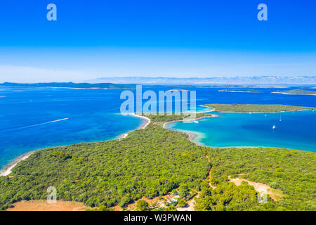 Aerial view of spectacular turquoise lagoon and pine beaches on Dugi Otok island, Croatia, beautiful seascape Stock Photo