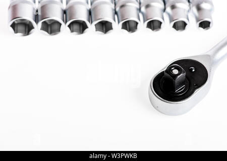 Trusted. multi purpose tool kit. Chrome Vanadium Steel. metallized fix equipment. socket wrench isolated on white background. Iron tools set. copy space. Stock Photo
