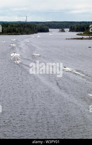 Small speed boats speeding along lake Saimaa, Lappeenranta Finland ...