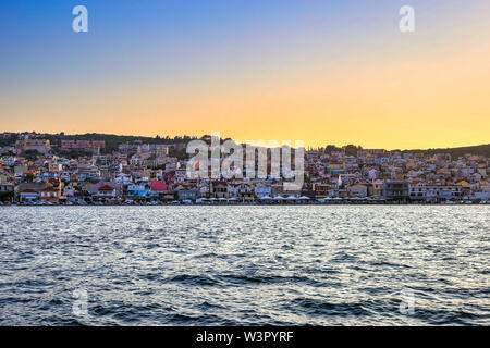 Beautiful panoramic view of the city at sunset, Argostoli town on Kefalonia island (Ionian island) in Greece. Stock Photo