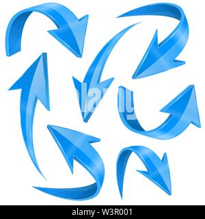 Blue arrows set. Curved icons collection. Vector 3d illustration Stock Vector