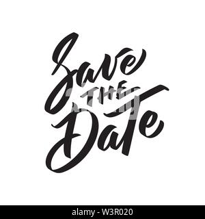 Save the date ink writing in modern calligraphy style. Text lettering for wedding card. One color phrase brush calligraphy. Vector isolated on white. Stock Vector