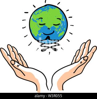 Happy smiling meditating and enlightened earth globe for Happy Earth Day - hand drawn vector illustration Stock Vector