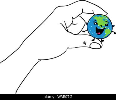Happy smiling earth globe hold by a big hand for Happy Earth Day - hand drawn vector illustration Stock Vector