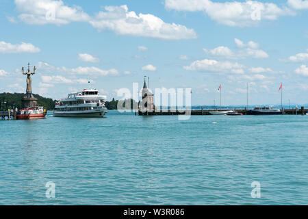 Konstanz, BW / Germany - 14. July 2019: large passenger boat enters the historic harbor at Konstanz on Lake Constance Stock Photo