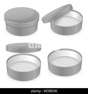 Round gray hat box. Open and closed empty carton. Vector illustration Stock Vector