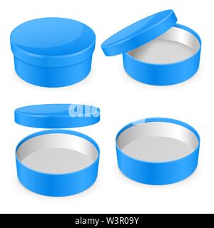 Round blue hat box. Open and closed empty carton Stock Vector