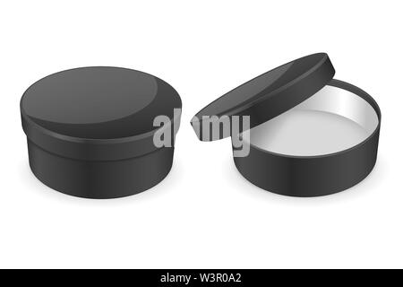 Round black hat box. Open and closed empty carton. Vector illustration Stock Vector