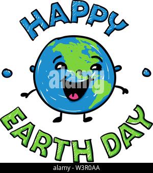 Happy smiling earth globe - surrounded by handlettered type Happy Earth day -  hand drawn vector illustration Stock Vector