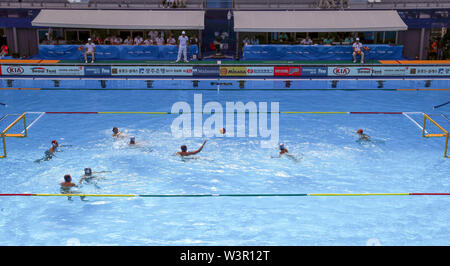 (190717) -- GWANGJU, July 17, 2019 (Xinhua) -- Players compete during the men's beach waterpolo exhibition match between China and Argentina at FINA World Championships in Gwangju, South Korea on July 17, 2019. (Xinhua/Li Gang) Stock Photo