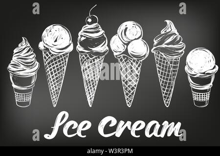 Ice cream set hand drawn vector illustration sketch, drawn in chalk on a black Board Stock Vector