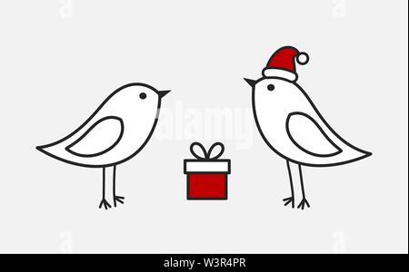 Little white birds couple, Santa hat and present. Christmas vector illustration. Stock Vector