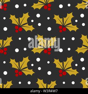 Christmas gold holly berry seamless winter pattern. Vector illustration. Stock Vector