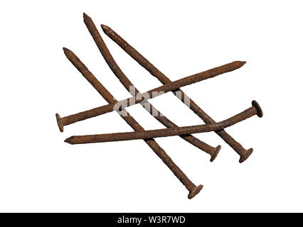 five old rusty and crooked nails isolated Stock Photo