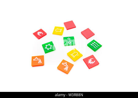 Switch symbol plates on isolated white background (fire, water, snow, air) Stock Photo