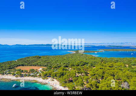 Aerial view of spectacular turquoise lagoon and pine beaches on Dugi Otok island, Croatia, beautiful seascape Stock Photo