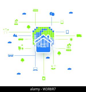Cloud Computing, IoT, IIoT, Eco Home Network Structure, Connection, Digital Data Exchange, Cooperation, IT or Technology Concept Stock Vector