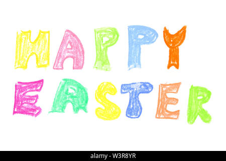 Colorful greetings 'Happy Easter' caption - hand drawn by pastel crayons like child's Stock Photo