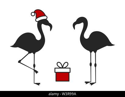 Two flamingo birds, Santa hat and present. Christmas vector illustration. Stock Vector