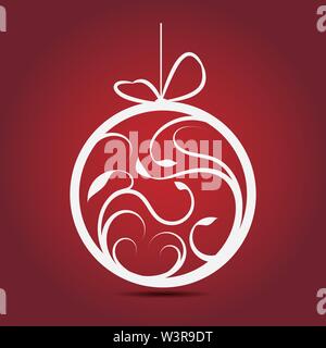 Decorative white Christmas bauble with ornaments on a red background, vector illustration Stock Vector