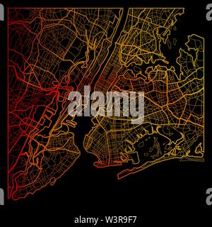 Color New York City map silhouette isolated on black background Stock Vector