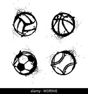 Black grunge sport ball silhouettes isolated on white Stock Vector