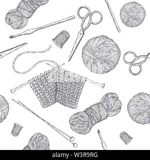 Seamless pattern with vintage knitting tools. Based on hand drawn sketch. Hobby class series. Stock Vector