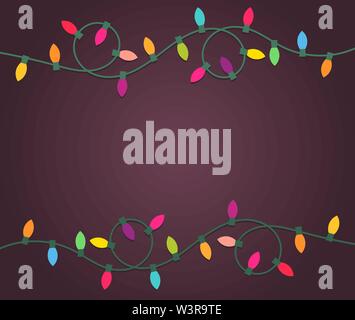 Border of colorful Christmas lights glowing on the dark background. Vector illustration. Stock Vector