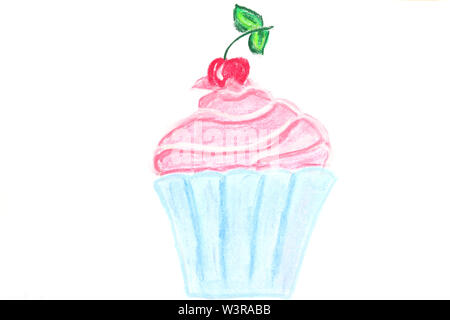 Drawing of cupcake with pink cream and cherry in blue cup over white Stock Photo
