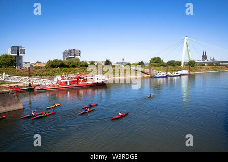 the harbor in the district Deutz, Severins bridge across the river Rhine, the cathedral, kayakers, Cologne, Germany.  Deutzer Hafen, Severinsbruecke, Stock Photo