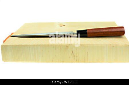 kitchen knife and wood butcher block countertop on white background Stock Photo