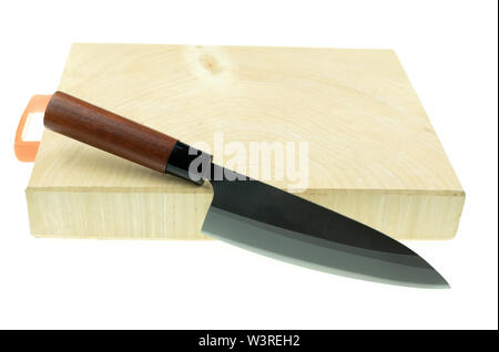 kitchen knife and wood butcher block countertop on white background Stock Photo