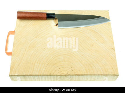 kitchen knife and wood butcher block countertop on white background Stock Photo