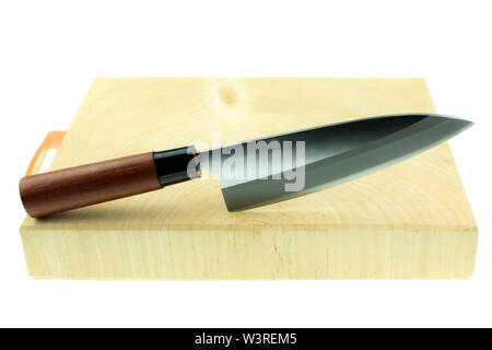 kitchen knife and wood butcher block countertop on white background Stock Photo