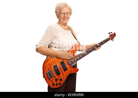 Smiling elderly woman with a bass guitar isolated on white background Stock Photo