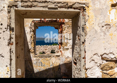Doorway and Window Framed Sardinian Coastal View. Detail Scenic Study from a Derelict WW2 Building, on the Cliff Edge #2; Baia Sardinia, Sardinia, Stock Photo