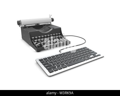 Old typewriter and laptop on table. Concept of technology progress. Stock Photo
