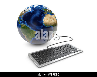 3dIllustration of Earth Globe connected with computer keyboard.. Stock Photo