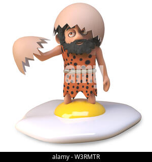 3d caveman wearing animal pelt has fried a dinosaur egg and stood in it by mistake, 3d illustration render Stock Photo