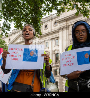 Justice for Shukri Abdi Protest, Parliament Square, Westminster, London, UK. 17th July, 2019. Protesters were out this afternoon in Parliament Square protesting about the death of 12 year old Somalian girl Adbi Skhuri from Bury. They are calling on authorities to launch a formal investigation into her death following alleged bullying at her school Broad Oak Sports College. Credit: Maureen McLean/Alamy Live News Stock Photo