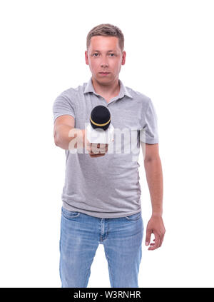 Correspondent or presenter with a microphone on white background. Stock Photo