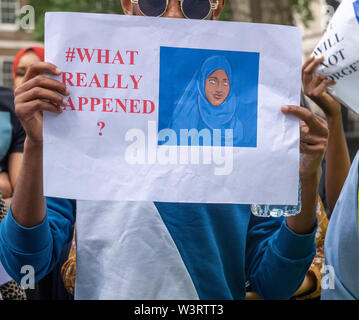 London 17th July 2019  A protest was held in Whitehall to raise awareness of the death of 12year old Shukri Abdi in Bury, Greater Manchester, protesters blame Greater Manchester Police for not investigating the death appropriately or the claims of bullying that the protesters believe let to her death. Credit Ian Davidson/Alamy Live News Stock Photo
