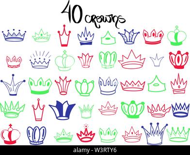 Big Set Crowns. Elegant queen tiara, king crown isolated on white background. Vector crowns illustration in red, green, blue colors. Princess decor Stock Vector