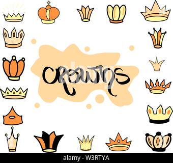 Hand drawn crown yellow orange different tiara set for princess. Cute isolated diadem vector illustration for wedding icon, logo, wallpaper design. Stock Vector