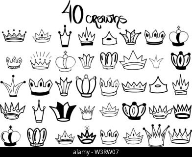 Sketch 40 Crown. Big Set Crowns. Elegant queen tiara, king crown isolated on white background. Vector crowns illustration in black colors. Princess Stock Vector